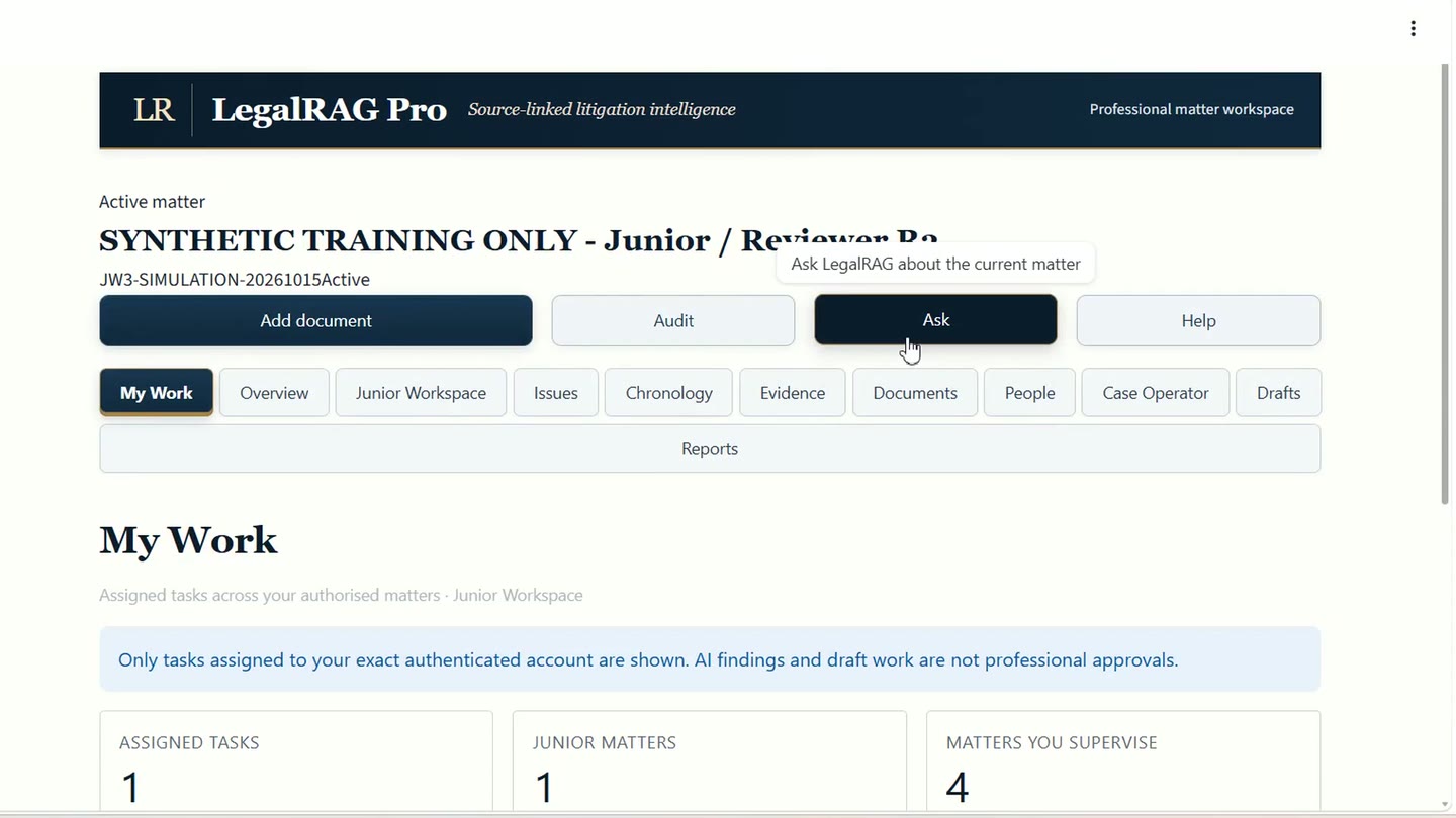 The live Junior Workspace My Work screen showing an assigned task in a fictional training matter.