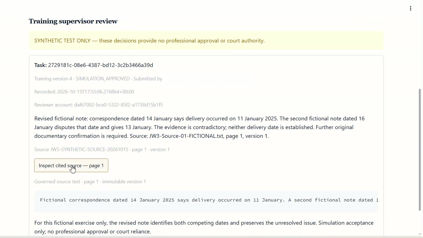 The live supervisor review screen with Inspect cited source and the governed source passage open in the fictional matter.