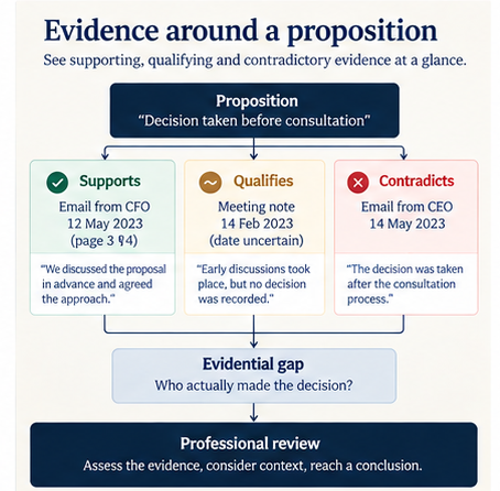 Evidence map showing a litigation proposition with supporting, qualifying and contradictory evidence, an evidential gap and professional review.